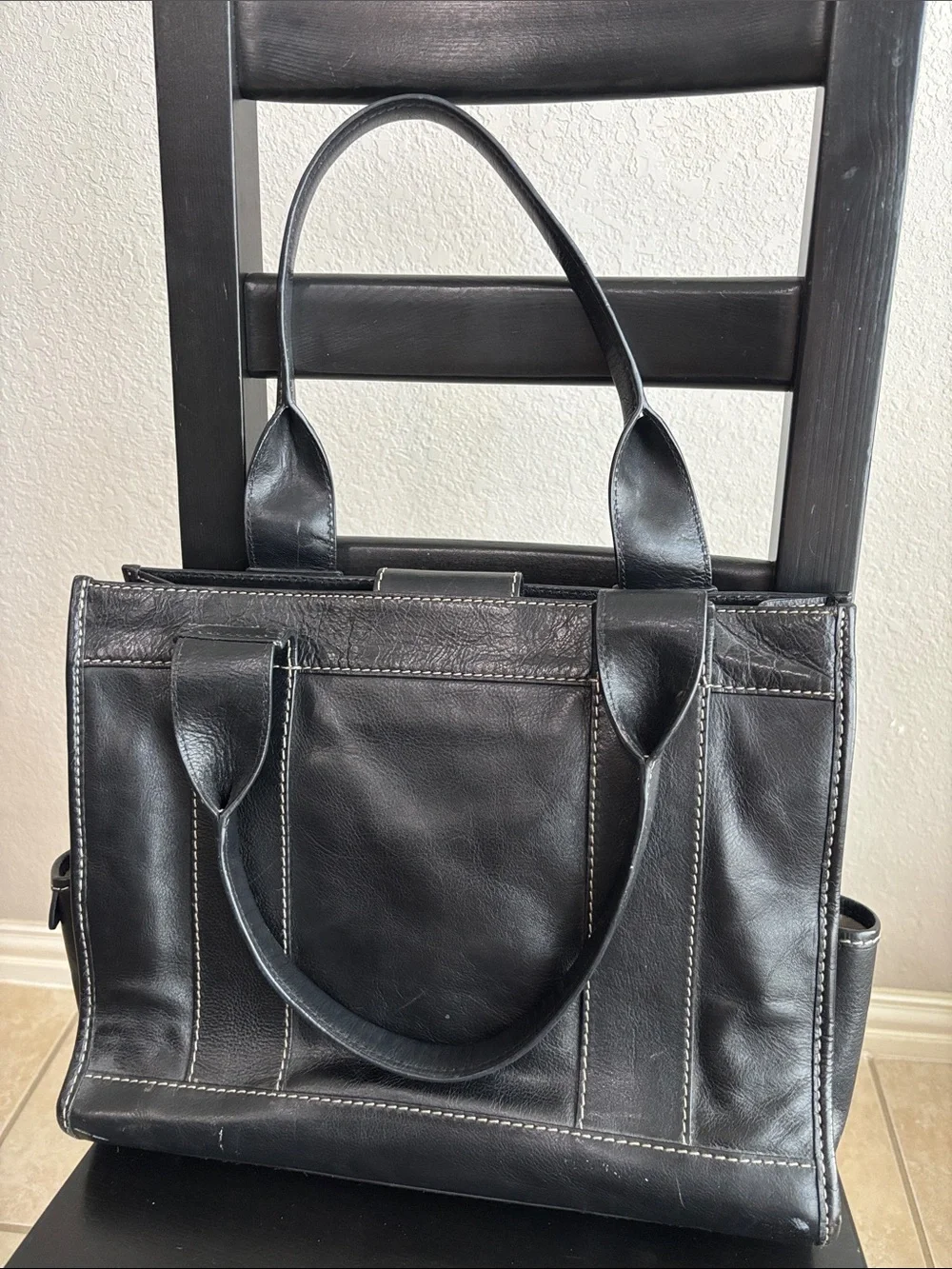 Black Leather Structured Tote with White Contrast Stitching Fits 12.5” laptop